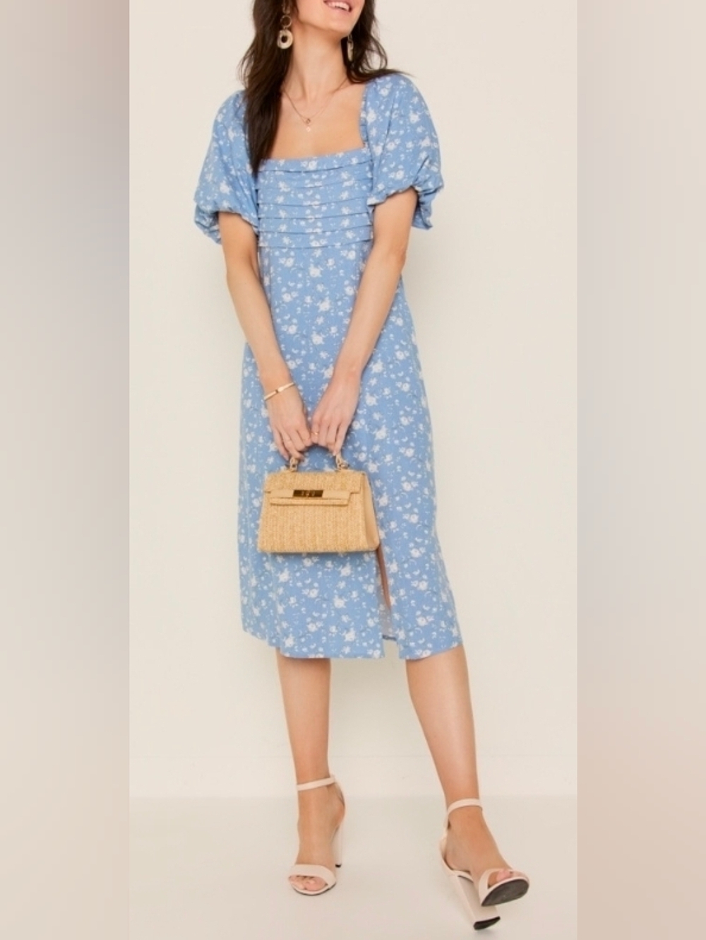 Francescas Light Blue Floral Midi Dress,  Sz LARGE